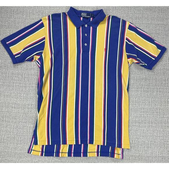 Polo Ralph Lauren Shirt Sz L Blue Yellow Striped Classic Polo Short Sleeve 90s - Picture 1 of 12